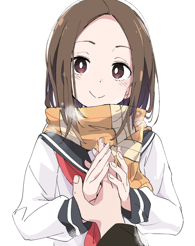 1boy 1girl black_sailor_collar brown_hair closed_mouth ixy karakai_jouzu_no_takagi-san long_hair looking_at_viewer nishikata plaid plaid_scarf red_eyes sailor_collar scarf school_uniform serafuku simple_background smile takagi-san upper_body white_background