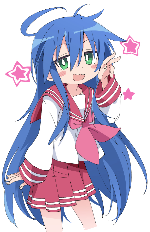 1girl ahoge blue_hair blush_stickers eyebrows_visible_through_hair green_eyes hair_between_eyes ixy izumi_konata long_hair long_sleeves looking_at_viewer lucky_star mole mole_under_eye pleated_skirt red_skirt ryouou_school_uniform school_uniform serafuku simple_background skirt solo very_long_hair white_background