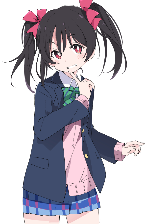 1girl black_hair blush bow bright_pupils grin hair_bow ixy jacket long_sleeves looking_at_viewer love_live! love_live!_school_idol_project otonokizaka_school_uniform red_eyes school_uniform short_twintails simple_background skirt smile solo twintails white_background white_pupils yazawa_nico