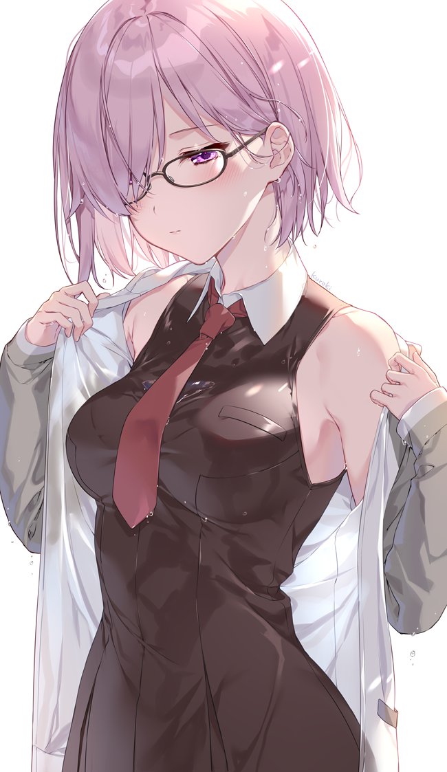 1girl bangs bare_shoulders black-framed_eyewear black_dress blush breast_pocket breasts collar collared_dress dress fate/grand_order fate_(series) glasses grey_jacket hair_behind_ear hair_over_one_eye jacket kuroki_(ma-na-tu) mash_kyrielight medium_breasts necktie pink_hair pleated_dress pocket red_neckwear short_hair sleeveless sleeveless_dress solo undressing violet_eyes wet wet_clothes wet_dress wet_hair wet_jacket white_background white_collar wing_collar