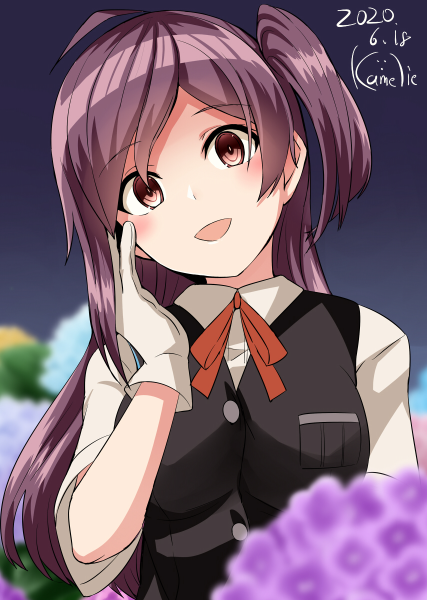 1girl bangs black_vest blurry blurry_background blurry_foreground blush breasts dated empty_eyes eyebrows_visible_through_hair flower hagikaze_(kantai_collection) highres hydrangea kamelie kantai_collection long_hair neck_ribbon one_side_up pink_eyes purple_hair red_neckwear ribbon shirt short_sleeves signature simple_background solo upper_body vest white_shirt yandere