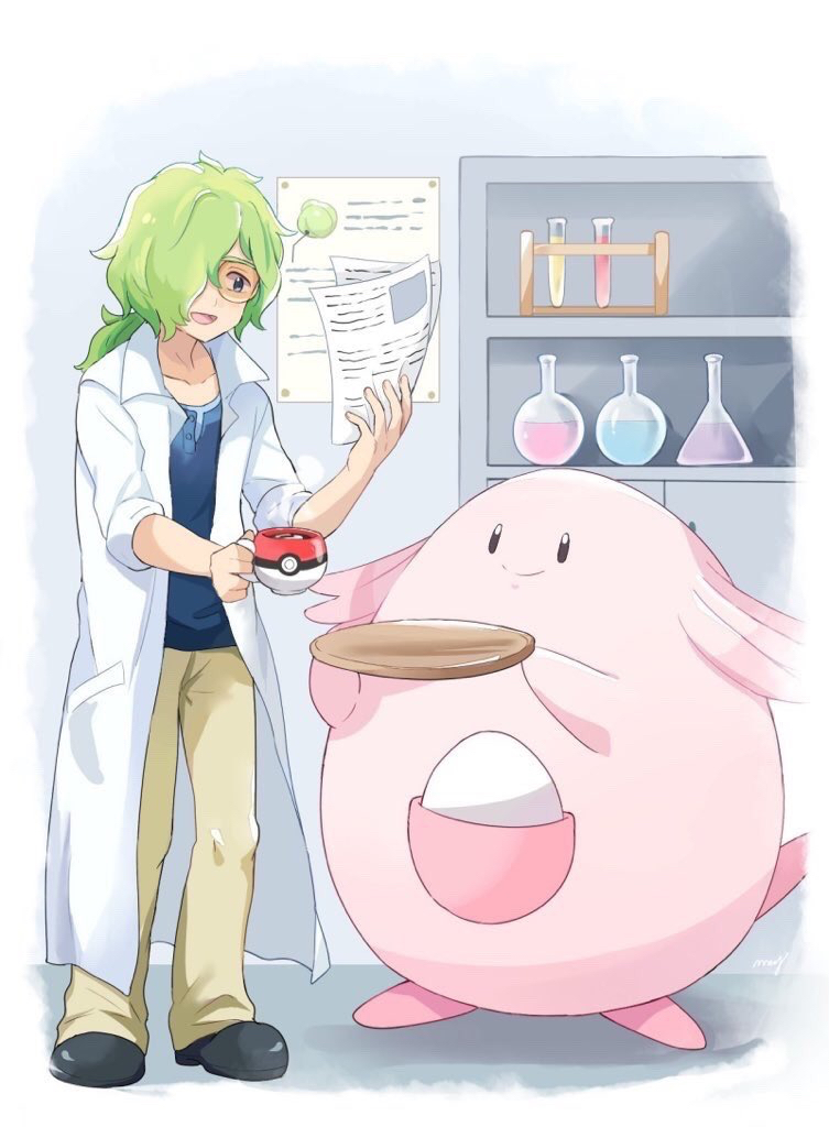 blue_eyes chansey coffee coffee_cup cup disposable_cup gen_1_pokemon glasses green_hair holding holding_paper holding_tray labcoat looking_at_another medium_hair mei_(maysroom) orange_glasses paper poke_ball_print pokemon pokemon_(anime) pokemon_m21 steam test_tube torito_(pokemon) tray