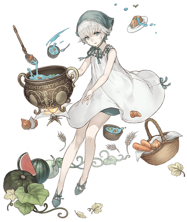 1girl basket bonnet cake carrot child cooking dress eyebrows_visible_through_hair food fruit full_body green_eyes ji_no ladle looking_at_viewer melon nier nier_(series) official_art onion pot sinoalice solo soup soup_ladle spoon transparent_background watermelon wheat white_dress white_hair yonah