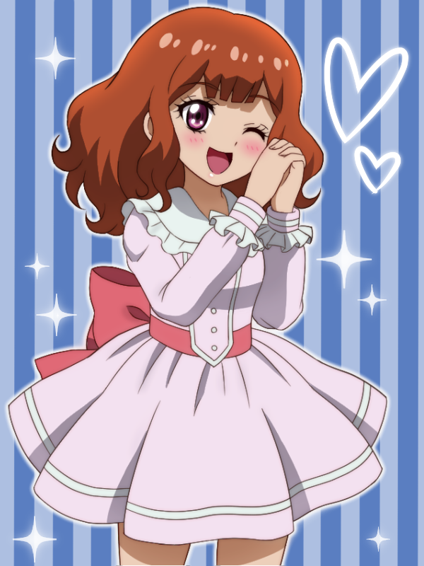 1girl ;d atachi_mimi bangs blue_background blush bow brown_hair dress hands_together long_hair looking_at_viewer one_eye_closed onomekaman open_mouth pink_bow pink_dress simple_background smile solo standing striped striped_background vertical_stripes violet_eyes yu-gi-oh! yu-gi-oh!_sevens