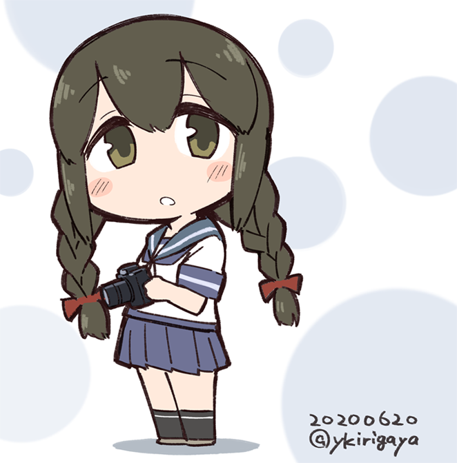 1girl black_hair blue_sailor_collar blue_skirt blush_stickers braid brown_eyes camera chibi commentary_request dated hair_between_eyes isonami_(kantai_collection) kantai_collection kirigaya_yuuji long_hair looking_at_viewer no_nose pleated_skirt polka_dot polka_dot_background sailor_collar school_uniform serafuku sidelocks skirt solo twitter_username white_background