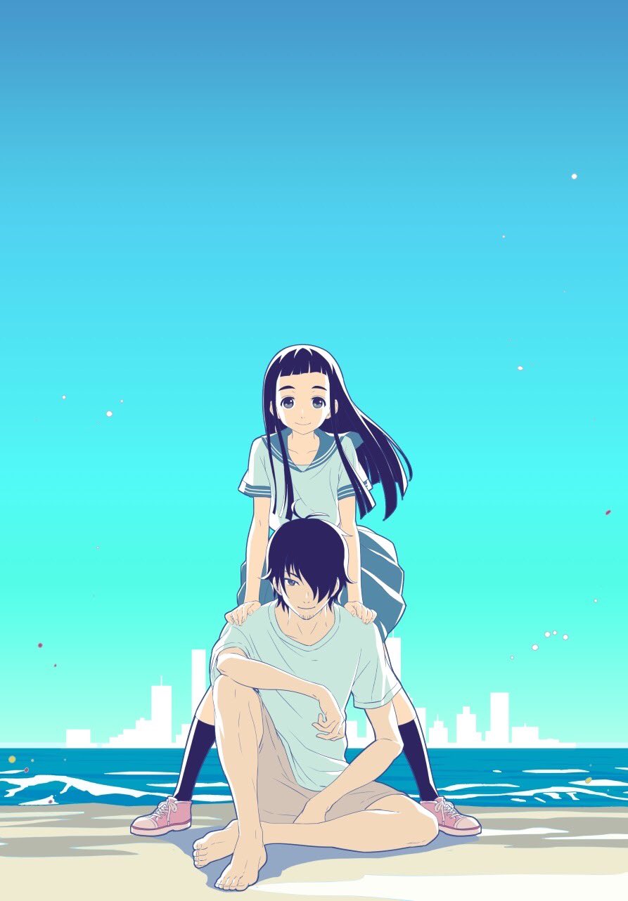 1boy 1girl beach black_hair blue_sailor_collar blue_skirt blue_sky cityscape commentary_request father_and_daughter goto_hime goto_kakushi gradient_sky hair_over_one_eye highres kakushigoto leaning_forward long_hair looking_at_viewer ocean pleated_skirt sailor_collar school_uniform serafuku shirt shorts sitting sjw_kazuya skirt sky standing t-shirt white_shirt