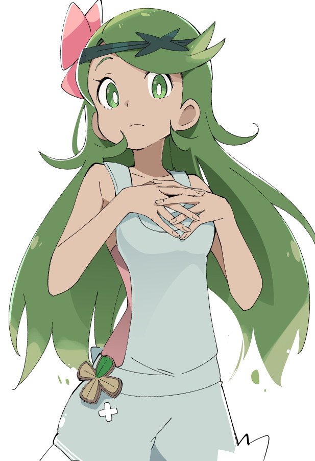 1girl closed_mouth dark_skin flower green_eyes green_hair hair_down hair_flower hair_ornament ixy long_hair looking_at_viewer mallow_(pokemon) pokemon pokemon_(game) pokemon_sm simple_background solo trial_captain white_background