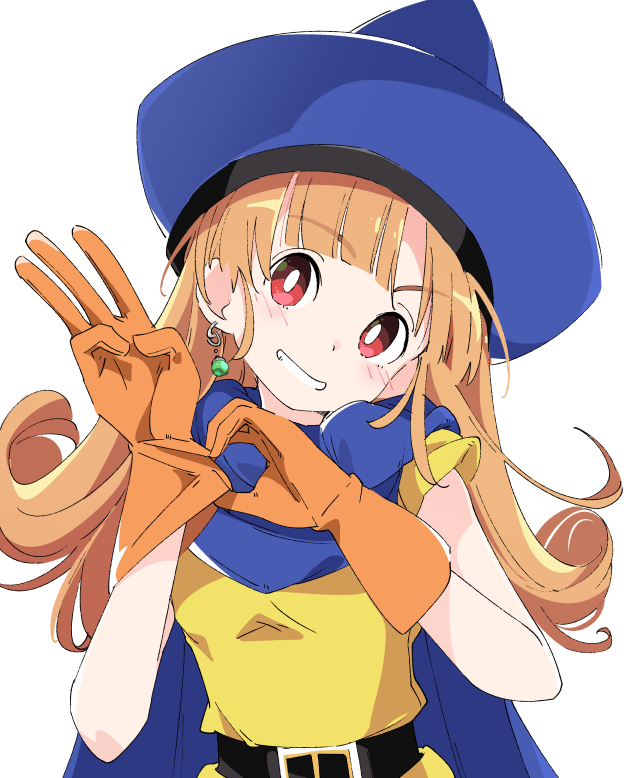 1girl alena_(dq4) belt black_belt blue_cape blue_headwear blush cape curly_hair dragon_quest dragon_quest_iv earrings eyebrows_visible_through_hair gloves green_earrings hat ixy jewelry long_hair looking_at_viewer orange_gloves orange_hair red_eyes simple_background smile solo white_background