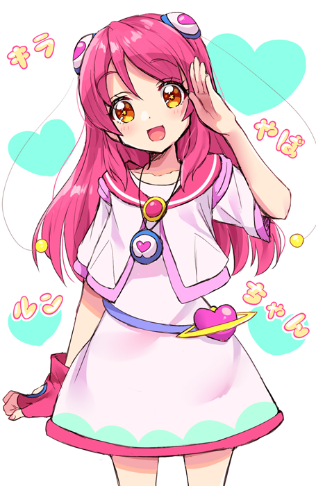 1girl eru fingerless_gloves gloves hagoromo_lala heart hoshina_hikaru if_they_mated pink_hair precure single_glove solo star_(symbol) star_in_eye star_twinkle_precure symbol_in_eye yellow_eyes