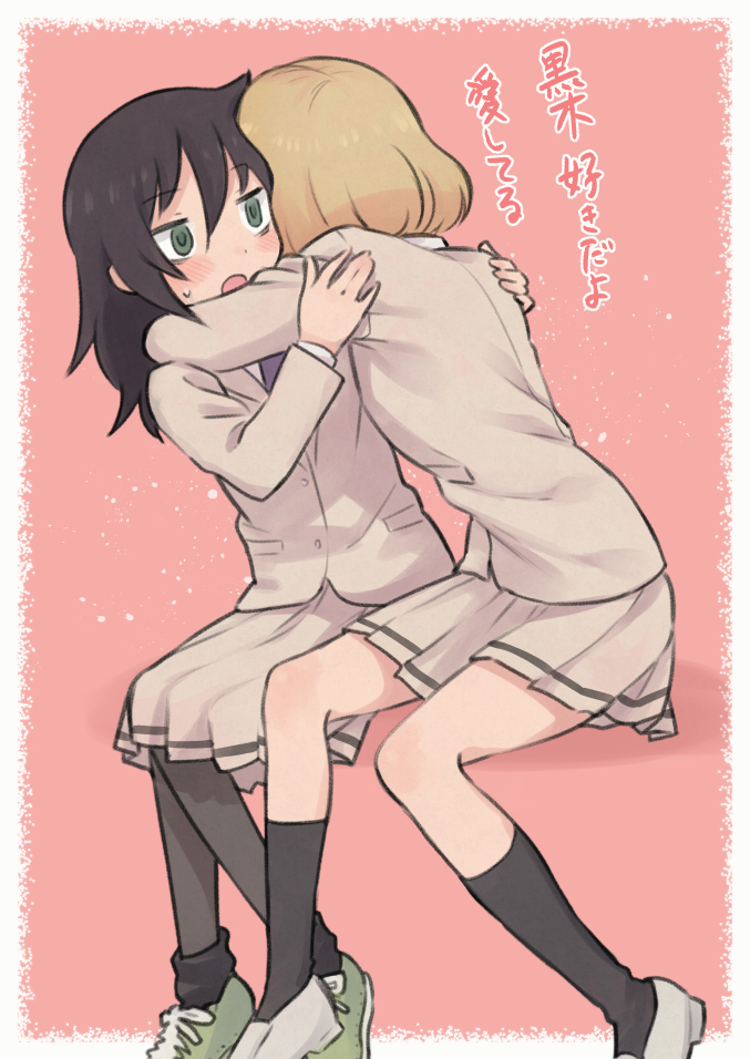 2girls black_hair black_legwear blazer blonde_hair blush border commentary dot_nose eyebrows_visible_through_hair facing_away full_body green_eyes hands_on_another's_shoulders hug jacket kuroki_tomoko long_hair meis_(terameisu) miniskirt multiple_girls necktie open_mouth pantyhose pink_background pleated_skirt purple_neckwear school_uniform shoes skirt socks sweatdrop translated uchi_emiri watashi_ga_motenai_no_wa_dou_kangaetemo_omaera_ga_warui! white_border yellow_jacket yellow_skirt yuri