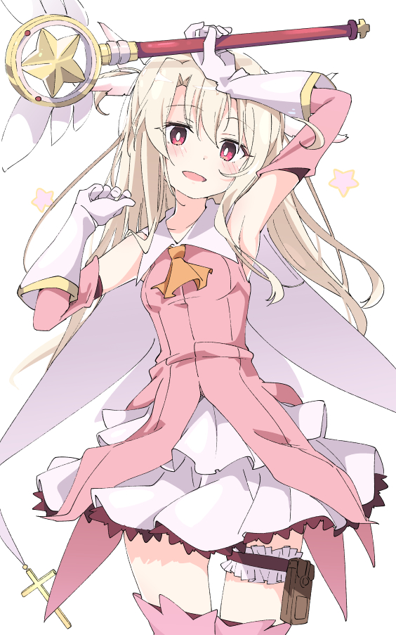 1girl arm_up blonde_hair blush eyebrows_visible_through_hair fate/kaleid_liner_prisma_illya fate_(series) feathers gloves hand_up illyasviel_von_einzbern ixy leg_garter long_hair magical_girl magical_ruby open_mouth pink_eyes prisma_illya red_eyes simple_background skirt smile solo star_(symbol) thigh-highs white_background white_gloves white_skirt