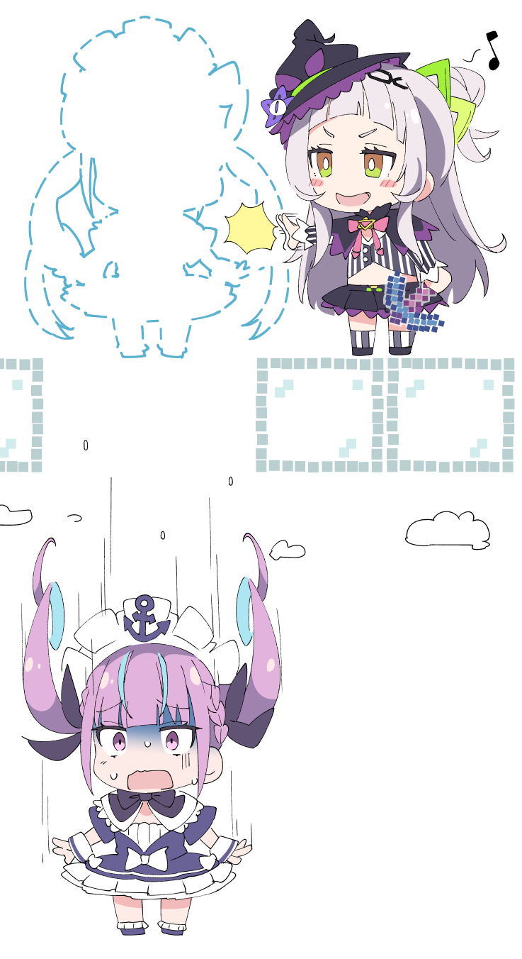 2girls anchor_symbol black_headwear blue_hair brown_eyes chibi dotted_line falling full_body grey_hair hat highres hololive ixy long_hair maid_headdress minato_aqua minecraft multicolored_hair multiple_girls murasaki_shion musical_note open_mouth purple_hair simple_background smile twintails two-tone_hair violet_eyes virtual_youtuber white_background witch_hat