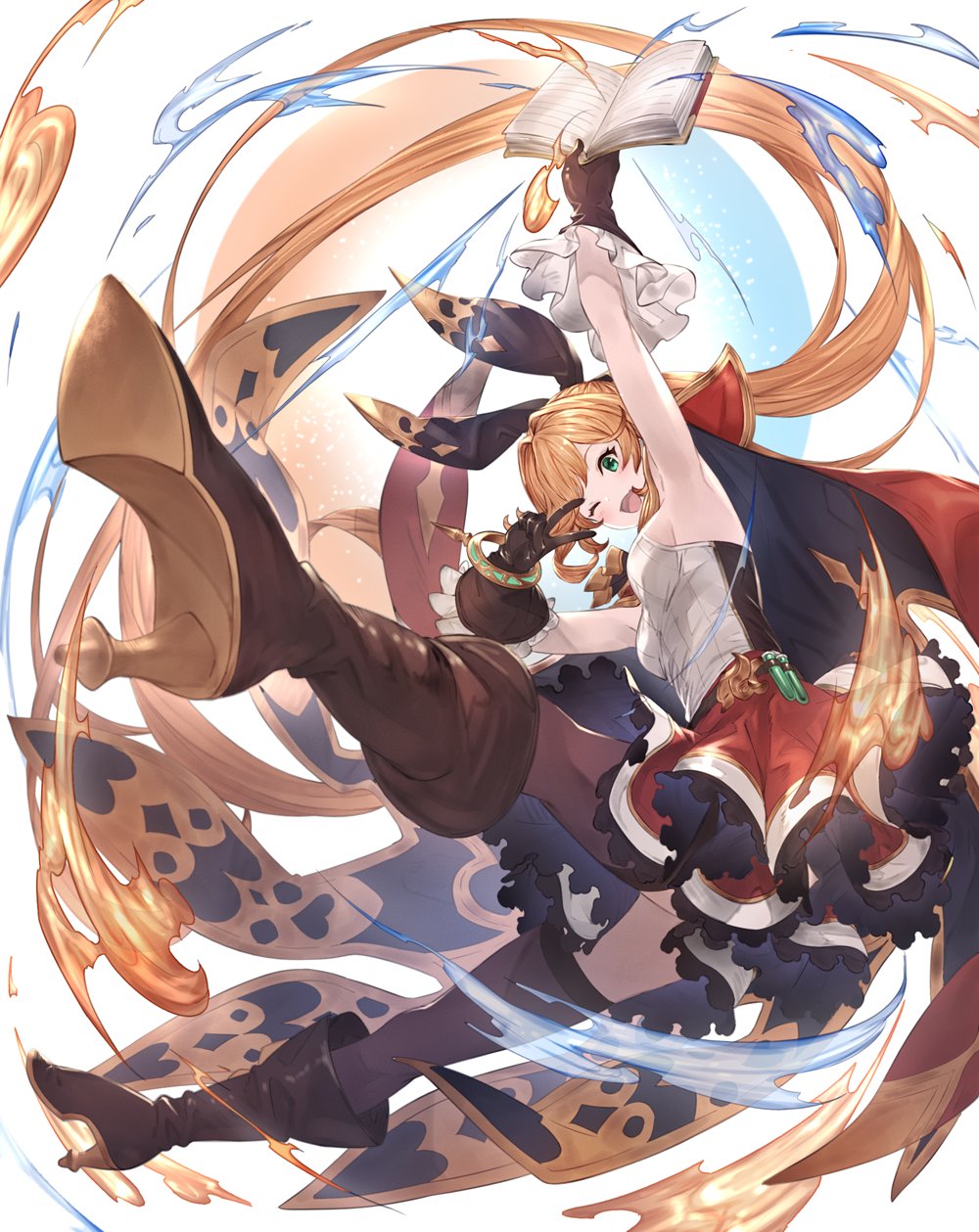 1girl armpits bangs book boots bracelet brown_gloves brown_legwear cape clarisse_(granblue_fantasy) fire frilled_skirt frills gloves granblue_fantasy green_eyes hair_ribbon high_heel_boots high_heels highres holding holding_book jewelry kta_gbp magic one_eye_closed open_mouth orange_hair ribbon skirt sleeveless smile solo thigh-highs v vial white_background