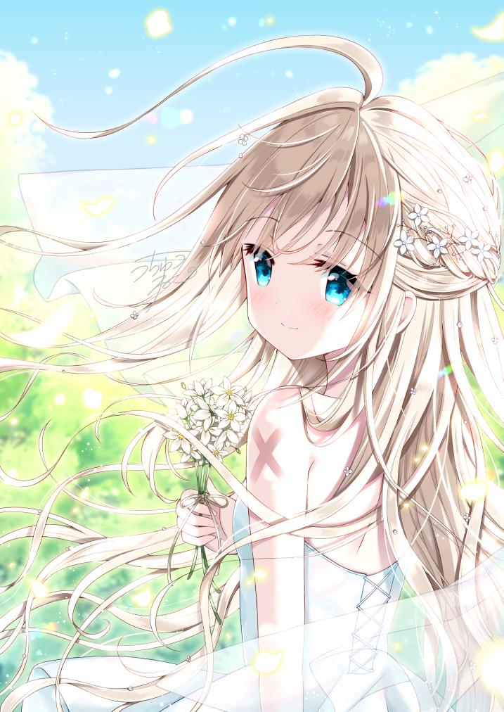 1girl ahoge backless_dress backless_outfit bangs bare_arms bare_shoulders blonde_hair blue_eyes blush braid breasts clip_studio_paint_(medium) closed_mouth commentary_request day dress eyebrows_visible_through_hair flower from_behind hair_flower hair_ornament holding holding_flower long_hair looking_at_viewer looking_back original outdoors pleated_dress see-through signature small_breasts smile solo standing tia-chan uchuuneko very_long_hair white_dress white_flower