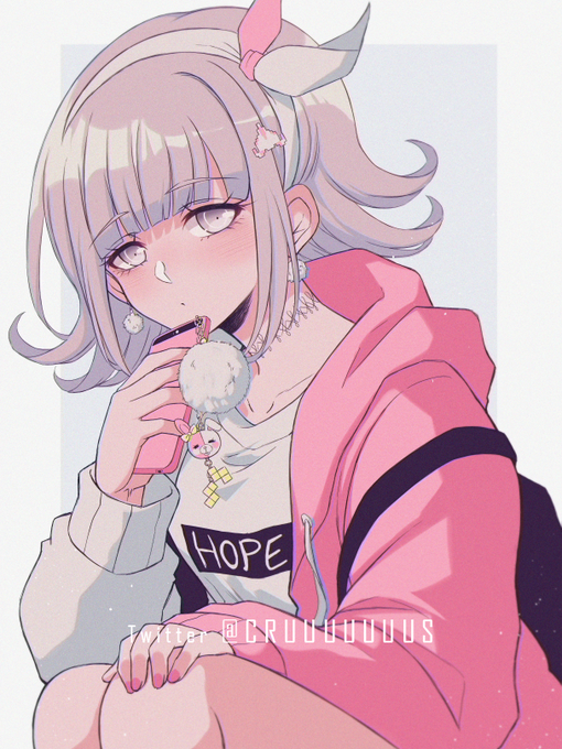 1girl alternate_costume choker criis-chan dangan_ronpa flipped_hair hair_ornament hairclip looking_at_viewer nanami_chiaki phone pink_eyes pink_hair pink_nails pink_sweater simple_background solo super_dangan_ronpa_2 sweater twitter_username two-tone_background