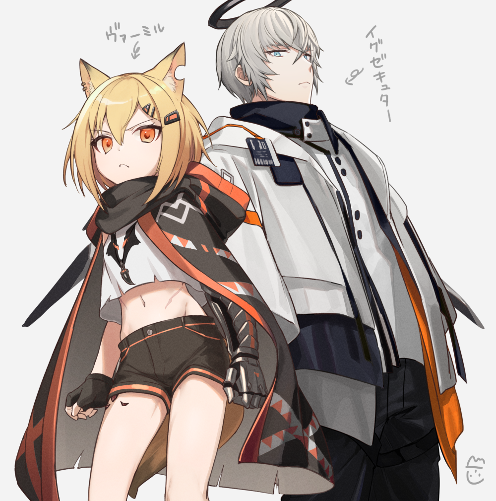 1boy 1girl :&lt; animal_ears arknights black_gloves black_shorts blonde_hair cloak crop_top crop_top_overhang executor_(arknights) feb_itk fingerless_gloves fox_ears fox_girl fox_tail frown gloves grey_hair groin hair_ornament hairclip halo hood hood_down hooded_cloak jacket looking_at_viewer midriff navel orange_eyes ore_lesion_(arknights) pants prosthesis prosthetic_arm scar shirt short_hair short_shorts shorts side-by-side single_glove sleeveless sleeveless_shirt standing stomach tail thighs torn_clothes torn_shirt v-shaped_eyebrows vermeil_(arknights) white_jacket white_shirt