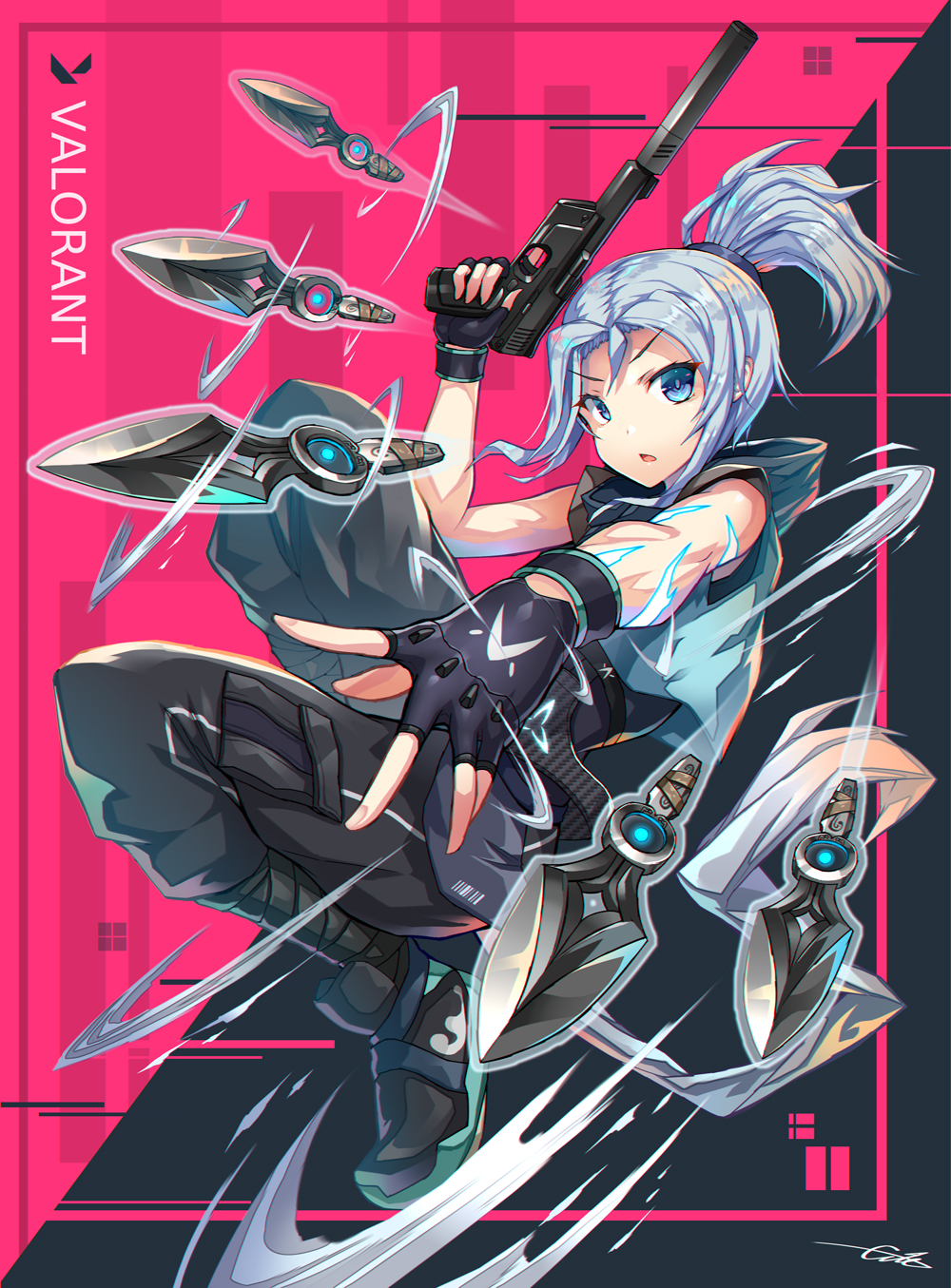 1girl blue_eyes fingerless_gloves gia gloves gun handgun highres holding holding_gun holding_weapon hood hood_down jett_(valorant) knife looking_at_viewer ponytail short_hair silver_hair sleeveless solo suppressor throwing_knife valorant weapon