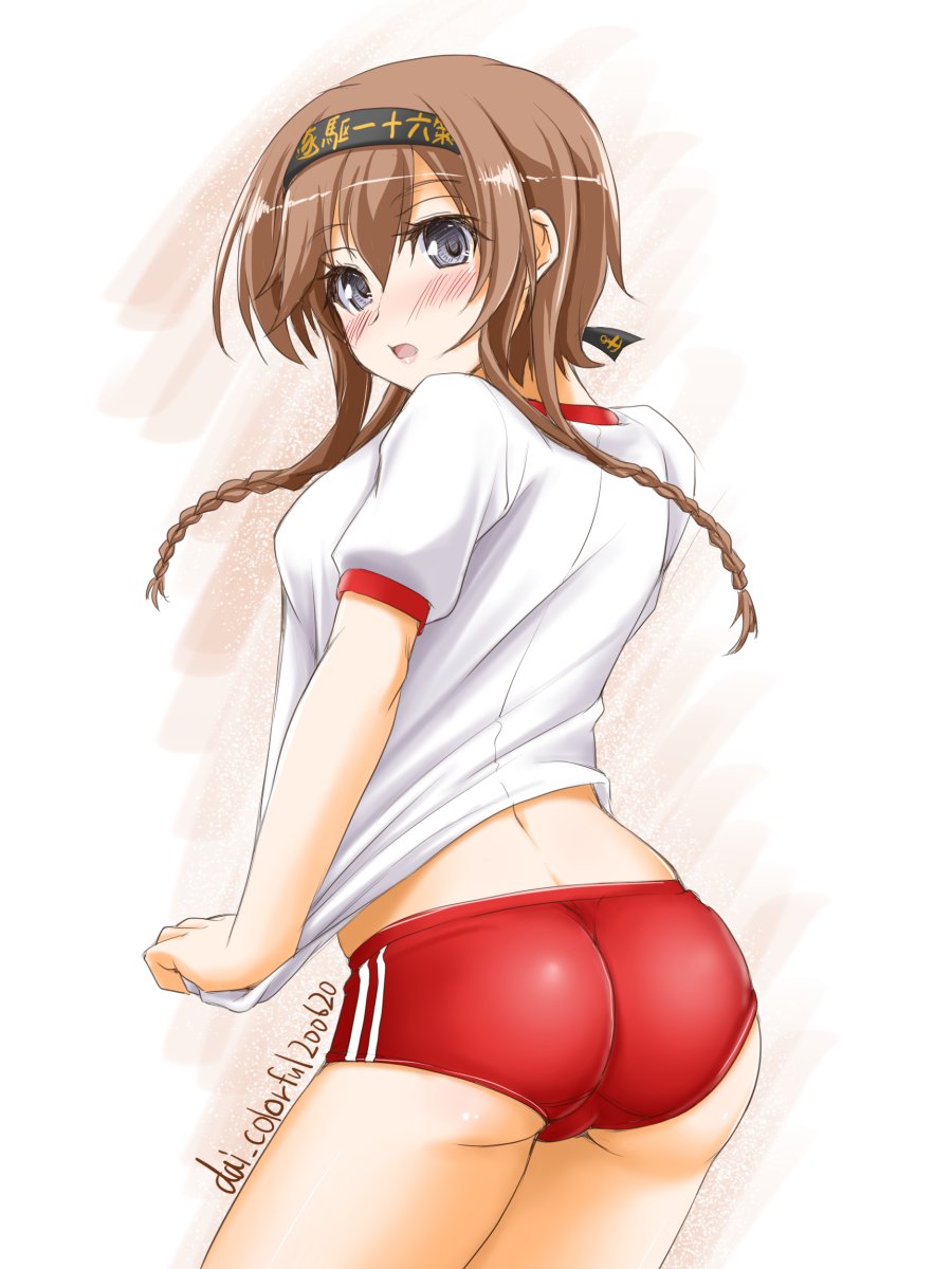 1girl akimoto_dai artist_name ass black_headband braid buruma clothes_writing commentary_request company_connection cowboy_shot dated from_behind grey_eyes gym_uniform hachimaki hair_ornament headband highres kantai_collection light_brown_hair long_hair looking_at_viewer looking_back propeller_hair_ornament red_buruma shirt shirt_pull solo t-shirt teruzuki_(kantai_collection) twin_braids white_shirt