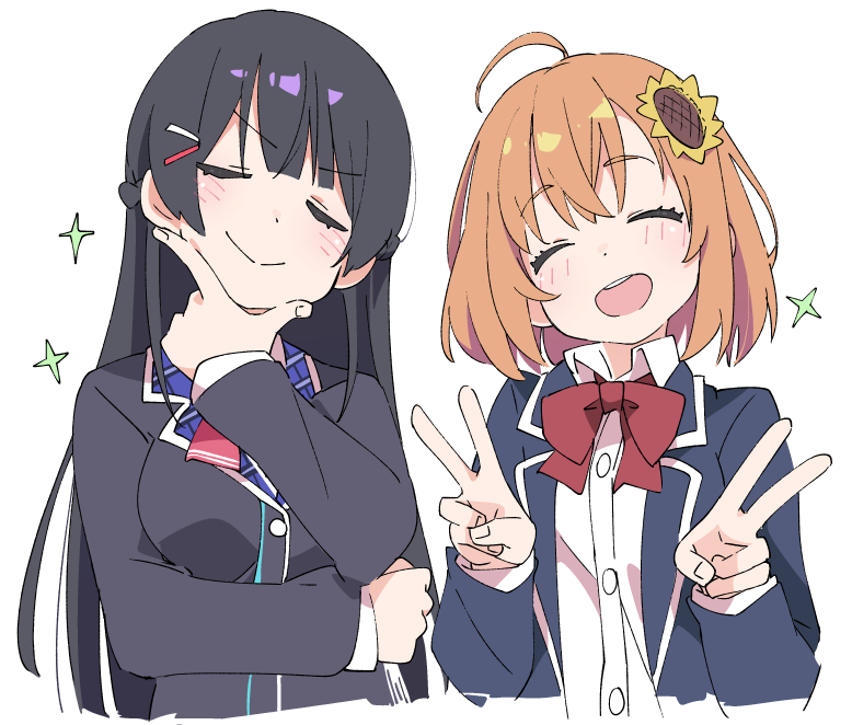 2girls :d ^_^ ahoge black_hair blazer blush bow bowtie closed_eyes closed_mouth double_v eyebrows_visible_through_hair flower hair_flower hair_ornament hairclip honma_himawari ixy jacket long_hair multiple_girls nijisanji open_mouth orange_hair red_bow red_neckwear shirt short_hair simple_background smile sparkle sunflower_hair_ornament tsukino_mito upper_body v virtual_youtuber white_background white_shirt