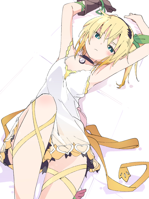1girl armpits black_choker blonde_hair blush brown_gloves choker closed_mouth collarbone dress edna_(tales) gloves green_eyes green_ribbon hair_ribbon ixy looking_at_viewer lying on_back ribbon short_hair side_ponytail single_glove solo tales_of_(series) tales_of_zestiria white_dress