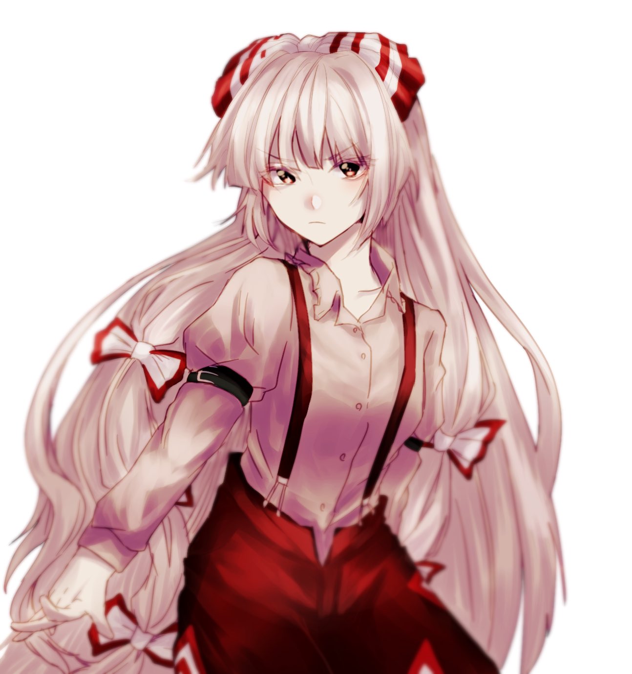 1girl arm_behind_back arm_garter baggy_pants bangs beige_shirt black_eyes blurry bow buckle buttons closed_mouth collared_shirt commentary_request cowboy_shot eyebrows_visible_through_hair eyes_visible_through_hair floating_hair frown fujiwara_no_mokou grey_hair hair_bow highres hime_cut juliet_sleeves long_hair long_sleeves looking_at_viewer outstretched_hand pants puffy_sleeves red_bow red_eyes red_pants serious shirt sidelocks silver_hair simple_background solo somei_ooo suspenders touhou very_long_hair white_background white_bow wing_collar yellow_eyes