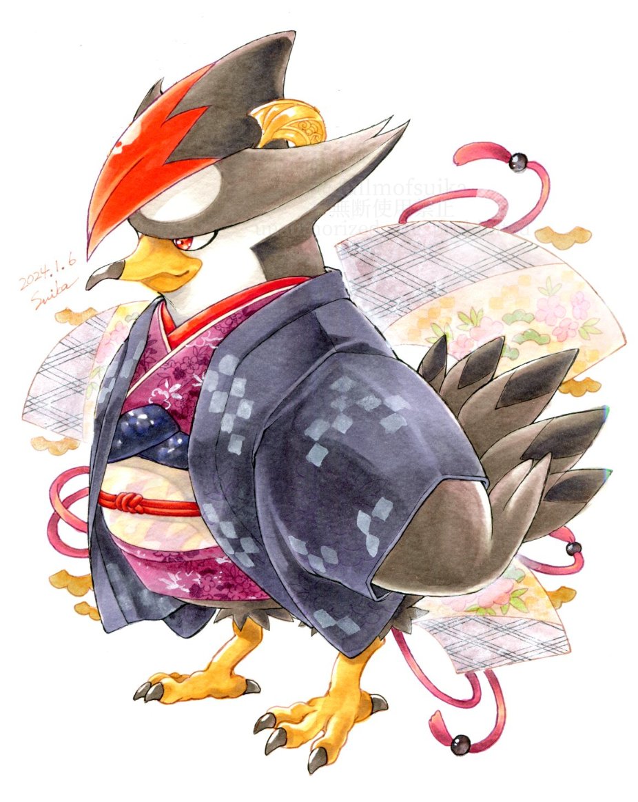 animal_focus artist_name beak bird bird_tail brown_feathers closed_mouth clothed_pokemon commentary_request dated feathers fullmofsuika japanese_clothes kimono no_humans pokemon pokemon_(creature) red_eyes staraptor tail talons white_background