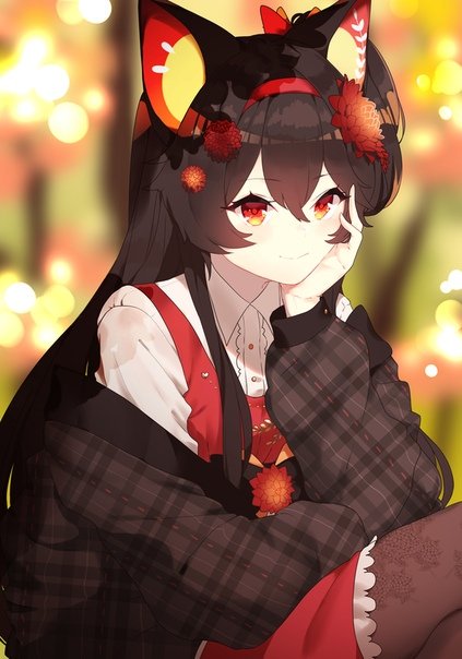 1girl animal_ears bangs blouse blurry blurry_background breasts brown_blouse brown_hair cat_ears dress eyebrows_visible_through_hair flower frilled_shirt frilled_skirt frills hair_flower hair_ornament hands headband long_hair original red_eyes red_skirt sakotach shirt simple_background skirt small_breasts smile solo thigh-highs upper_body white_shirt