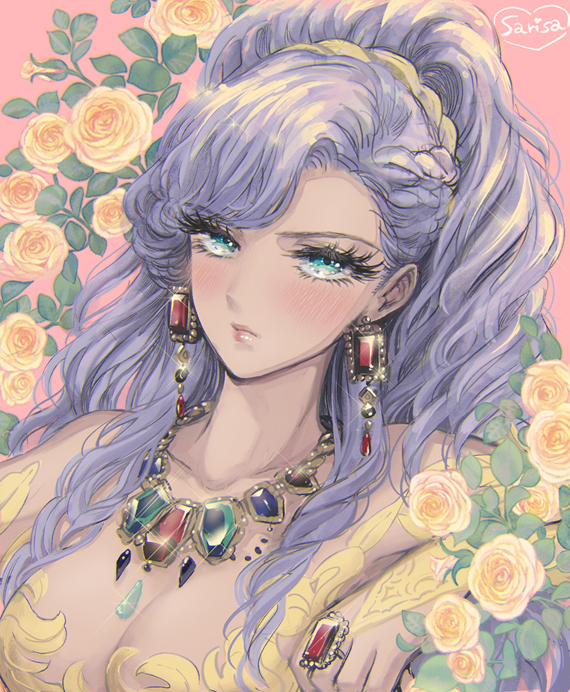 blush braid closed_mouth dress earrings faris_scherwiz final_fantasy final_fantasy_v flower gem green_eyes jewelry leaf lips long_eyelashes long_hair necklace pink_background ponytail purple_hair ring takatora yellow_dress yellow_flower