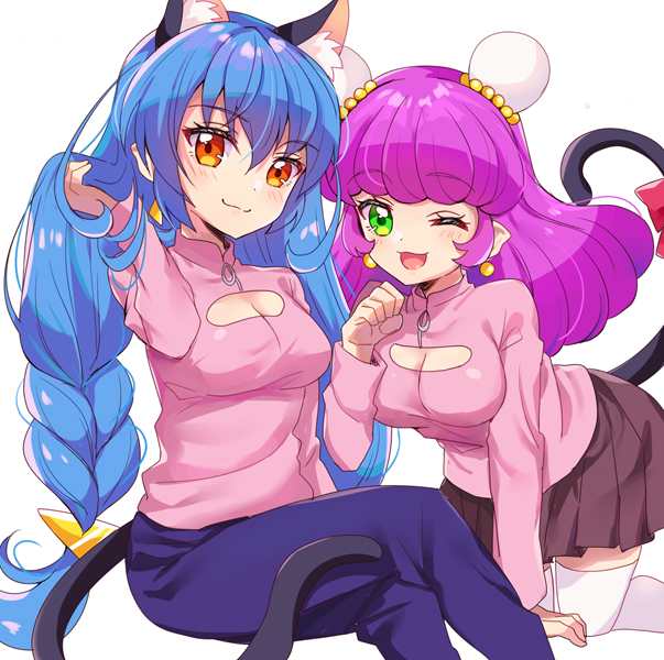 2girls animal_ears blue_hair bow braid cat_ears cat_girl cat_tail cleavage_cutout double_bun dual_persona eru green_eyes looking_at_viewer mao_(precure) multiple_girls pants paw_pose pleated_skirt precure skirt smile star_twinkle_precure tail tail_bow thigh-highs twin_braids violet_eyes yellow_eyes yuni_(precure)