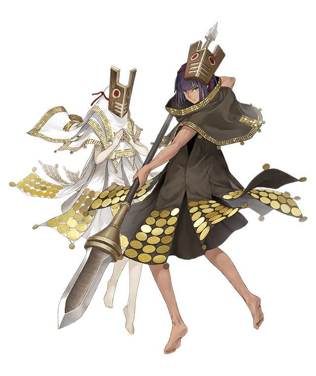 1boy 1girl barefoot dark_skin full_body fyra gold_trim green_eyes holding holding_spear holding_weapon ji_no looking_at_viewer mask mask_on_head masked_king nier nier_(series) official_art pale_skin polearm purple_hair sinoalice spear transparent_background weapon