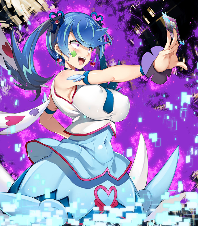 1girl :d aburidashi_zakuro alternate_breast_size armlet armpit_peek bangs bare_shoulders between_fingers blue_angel blue_hair blue_neckwear blue_ribbon blue_shirt blue_skirt blush breasts card clover corruption covered_navel covered_nipples crop_top earrings eyebrows_visible_through_hair facial_tattoo four-leaf_clover hair_ornament hair_ribbon heart heart_earrings highlights holding holding_card jewelry large_breasts long_hair looking_away multicolored_hair necktie open_mouth outstretched_arm rectangle ribbon shiny shiny_clothes shiny_skin shirt skirt sleeveless sleeveless_shirt smile solo standing tattoo taut_clothes taut_shirt trickstar_reincarnation twintails violet_eyes white_background white_shirt white_wings wings wristband yuu-gi-ou yuu-gi-ou_vrains zaizen_aoi