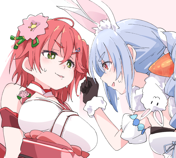 2girls animal_ears black_gloves blue_hair blush breasts carrot_hair_ornament eyebrows_visible_through_hair flower flower_brooch food_themed_hair_ornament gloves green_eyes hair_flower hair_ornament hololive ixy large_breasts long_hair looking_at_another multiple_girls rabbit_ears red_eyes redhead sakura_miko short_hair simple_background usada_pekora virtual_youtuber wall_slam white_background