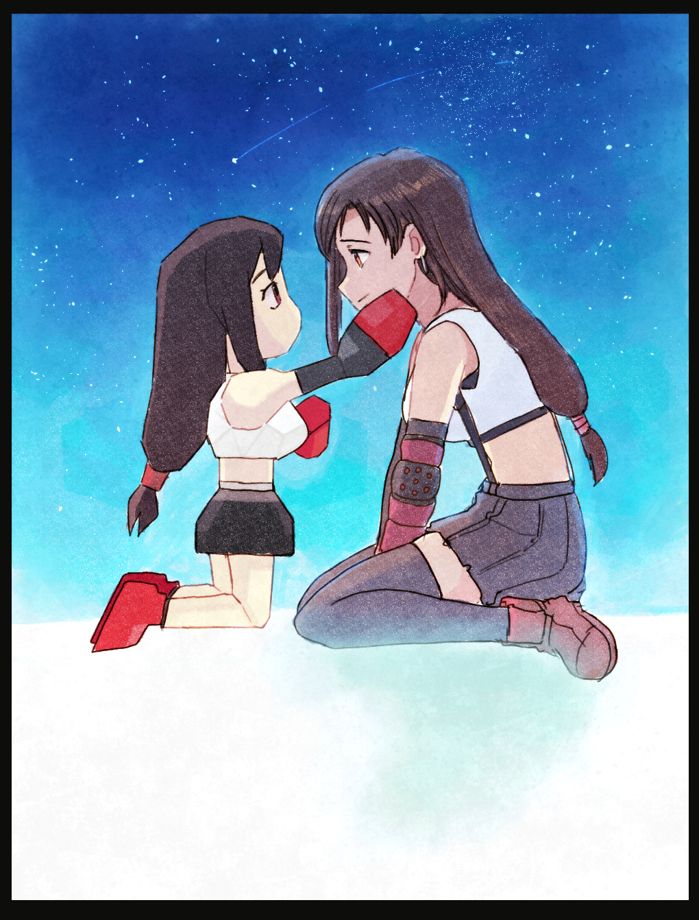 2girls black_hair black_legwear black_skirt border breasts clip_studio_paint_(medium) closed_mouth commentary crop_top dual_persona elbow_pads face-to-face final_fantasy final_fantasy_vii final_fantasy_vii_remake from_side full_body gloves hands_on_another's_face highres kneeling long_hair looking_at_another low-tied_long_hair medium_breasts midriff miniskirt multiple_girls night night_sky orange_eyes pleated_skirt polygonal profile red_footwear red_gloves shooting_star sitting skirt sky sleeveless smile star_(sky) starry_sky straight_hair tank_top thigh-highs tifa_lockhart tsubobot wariza white_tank_top zettai_ryouiki