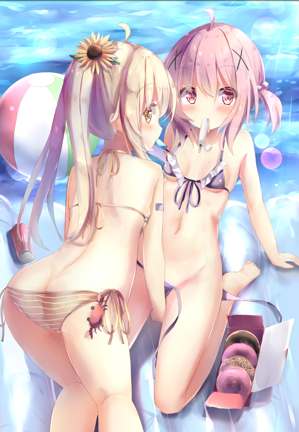 2girls ahoge all_fours ass ball bangs bare_arms bare_shoulders beachball bikini blush breasts brown_bikini brown_eyes brown_hair clip_studio_paint_(medium) collarbone commentary_request day doughnut eyebrows_visible_through_hair food food_in_mouth frilled_bikini frills front-tie_bikini front-tie_top hair_between_eyes hair_bobbles hair_ornament highres long_hair looking_at_viewer looking_back mouth_hold multiple_girls na!?_(naxtuyasai) navel original outdoors pastry_box purple_bikini red_eyes side-tie_bikini small_breasts striped striped_bikini swimsuit twintails untied untied_bikini water x_hair_ornament