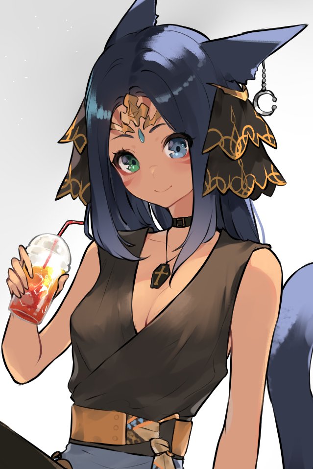 1girl animal_ears arm_rest blue_hair brown_shirt cat_ears collar crossed_legs drink earring_removed facial_mark final_fantasy final_fantasy_xiv grey_skirt hair_ornament heterochromia iced_tea jewelry necklace original sakotach sash shirt sitting skirt smile solo tail thigh-highs tiara