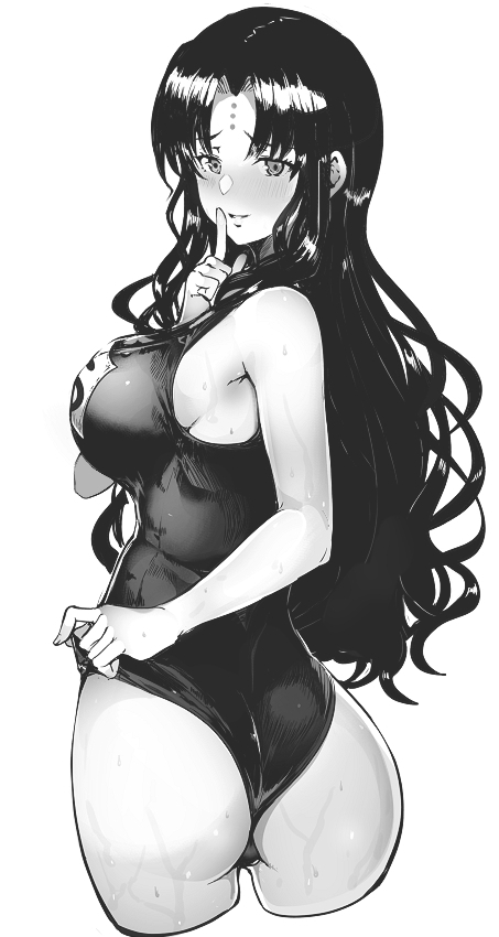 1girl ass back bangs bare_shoulders blush breasts facial_mark fate/extra fate/extra_ccc fate_(series) forehead_mark greyscale index_finger_raised large_breasts long_hair looking_at_viewer looking_back monochrome name_tag one-piece_swimsuit parted_bangs school_swimsuit sesshouin_kiara smile sumisu_(mondo) swimsuit wavy_hair