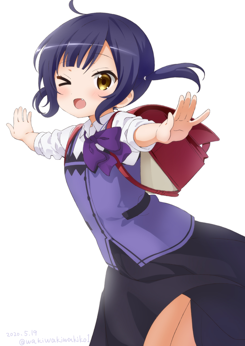 &gt;_o 1girl ;d ahoge backpack bag bangs black_skirt blue_hair blush bow brown_eyes collared_shirt commentary_request eyebrows_visible_through_hair fang gochuumon_wa_usagi_desu_ka? highres jouga_maya looking_at_viewer neki_(wakiko) one_eye_closed open_mouth outstretched_arms purple_bow purple_vest rabbit_house_uniform randoseru shirt short_sleeves simple_background skirt smile solo spread_arms twintails uniform vest waitress white_background white_shirt