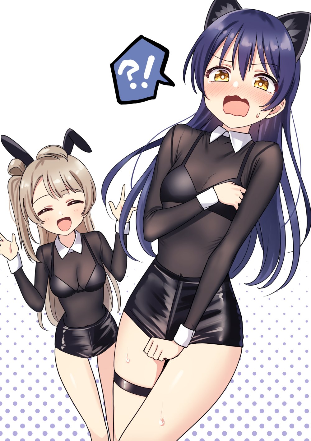 2girls animal_ears bangs black_shirt black_shorts blue_hair blush cat_ears closed_eyes commentary_request covering cowboy_shot deadnooodles embarrassed grey_hair hair_between_eyes highres long_hair long_sleeves love_live! love_live!_school_idol_project minami_kotori multiple_girls one_side_up rabbit_ears raised_eyebrows see-through shirt short_shorts shorts simple_background sonoda_umi thigh_strap wavy_mouth yellow_eyes