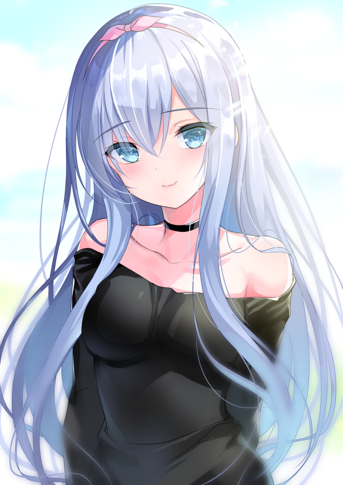 1girl bangs bare_shoulders blue_eyes blush breasts choker emily_(pure_dream) eyebrows_visible_through_hair hairband long_hair looking_at_viewer original simple_background small_breasts smile solo strapless upper_body white_hair