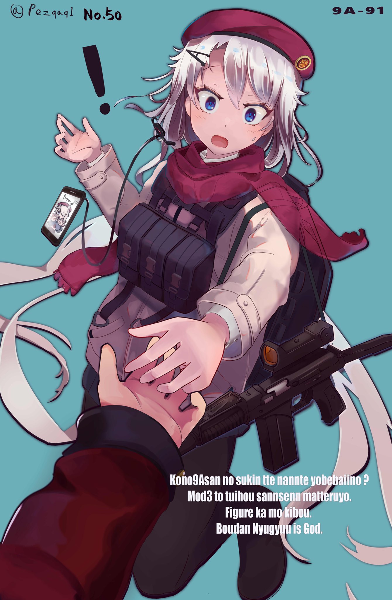 ! 1boy 1girl 9a-91 9a-91_(girls'_frontline) alternate_costume ammunition_pouch assault_rifle bangs beret blue_eyes cellphone coat commander_(girls'_frontline) commentary_request earphones girls_frontline griffin_&amp;_kryuger_military_uniform gun hair_between_eyes hair_ornament hat highres long_hair looking_at_viewer low_twintails open_mouth optical_sight outstretched_arm pez_(pezqaq1) phone pleated_skirt pouch red_headwear red_scarf rifle scarf skirt smartphone solo spoken_exclamation_mark star_(symbol) star_hair_ornament surprised sweatdrop thigh-highs translation_request twintails very_long_hair weapon white_hair wide-eyed