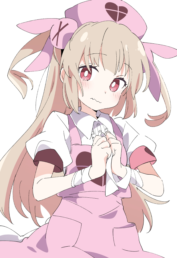 1girl bandaged_arm bandages brown_hair bunny_hair_ornament hair_ornament hat ixy light_brown_hair long_hair looking_at_viewer natori_sana nurse_cap pink_headwear puffy_short_sleeves puffy_sleeves red_eyes sana_channel short_sleeves simple_background solo two_side_up virtual_youtuber white_background