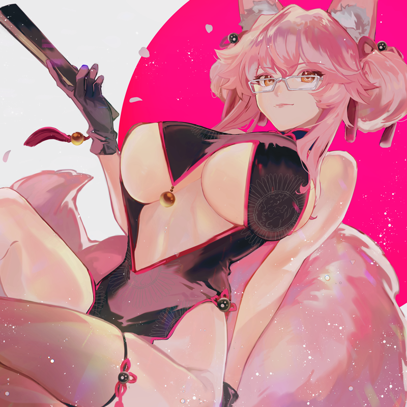 1girl animal_ear_fluff animal_ears bare_shoulders bell black_gloves blush breasts center_opening china_dress chinese_clothes clip_studio_paint_(medium) double_bun dress fan fate/grand_order fate_(series) folding_fan fox_ears fox_girl fox_tail glasses gloves hair_between_eyes holding holding_fan jingle_bell koyanskaya large_breasts long_hair looking_at_viewer pelvic_curtain pink_hair side_slit smile tail tassel thighs yaku_(ziroken) yellow_eyes