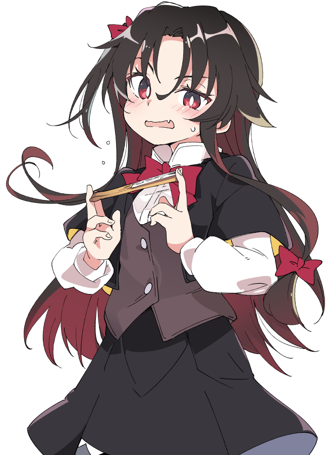 1girl black_hair black_skirt bow fan fang hair_between_eyes hair_bow ixy long_hair long_sleeves multicolored_hair open_mouth red_bow red_eyes redhead ryuuou_no_oshigoto! simple_background skirt solo two-tone_hair wavy_mouth white_background yashajin_ai