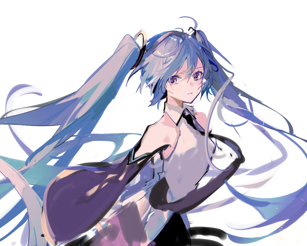 1girl amatsukiryoyu armpit_peek black_neckwear blue_eyes blue_hair breasts floating_hair hatsune_miku long_hair looking_at_viewer looking_to_the_side necktie shirt sleeveless sleeveless_shirt small_breasts solo twintails very_long_hair vocaloid white_background wide_sleeves