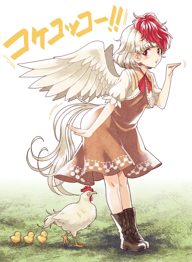 1girl animal bird bird_tail bird_wings blush boots brown_dress chick chicken dress feathered_wings looking_at_viewer multicolored_hair niwatari_kutaka red_eyes red_neckwear short_hair standing tail_feathers touhou two-tone_hair urin wings