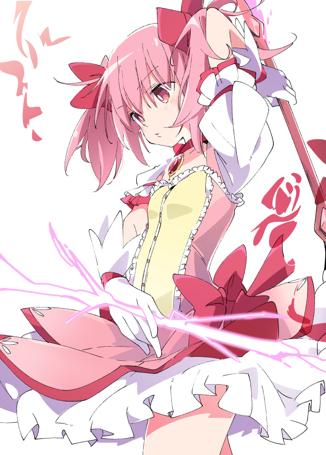 1girl arm_at_side arm_behind_head arm_up blush bow_(weapon) breasts choker cowboy_shot expressionless eyebrows_visible_through_hair flower frilled_sleeves frills gloves hair_between_eyes hair_ribbon head_tilt holding holding_bow_(weapon) holding_weapon ixy kaname_madoka light_rays looking_down mahou_shoujo_madoka_magica parted_lips pink_eyes pink_flower pink_hair pink_ribbon pink_rose pink_theme puffy_short_sleeves puffy_sleeves ribbon rose see-through shiny shiny_hair short_sleeves short_twintails sidelocks simple_background skirt small_breasts solo soul_gem standing thighs twintails weapon white_background white_gloves white_skirt