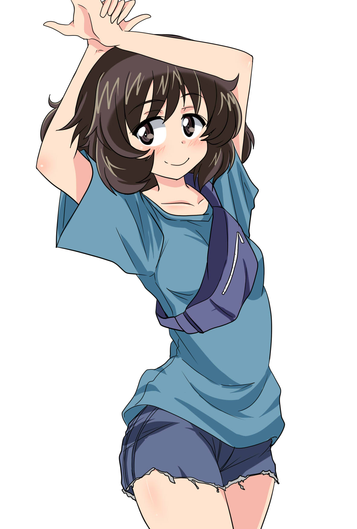 1girl akiyama_yukari arms_up bangs blue_shirt blue_shorts brown_eyes brown_hair casual closed_mouth commentary cowboy_shot cutoffs eyebrows_visible_through_hair fanny_pack girls_und_panzer hands_together highres light_blush looking_at_viewer messy_hair monochrome shirt short_hair short_shorts short_sleeves shorts simple_background smile solo standing t-shirt wakku_kan white_background