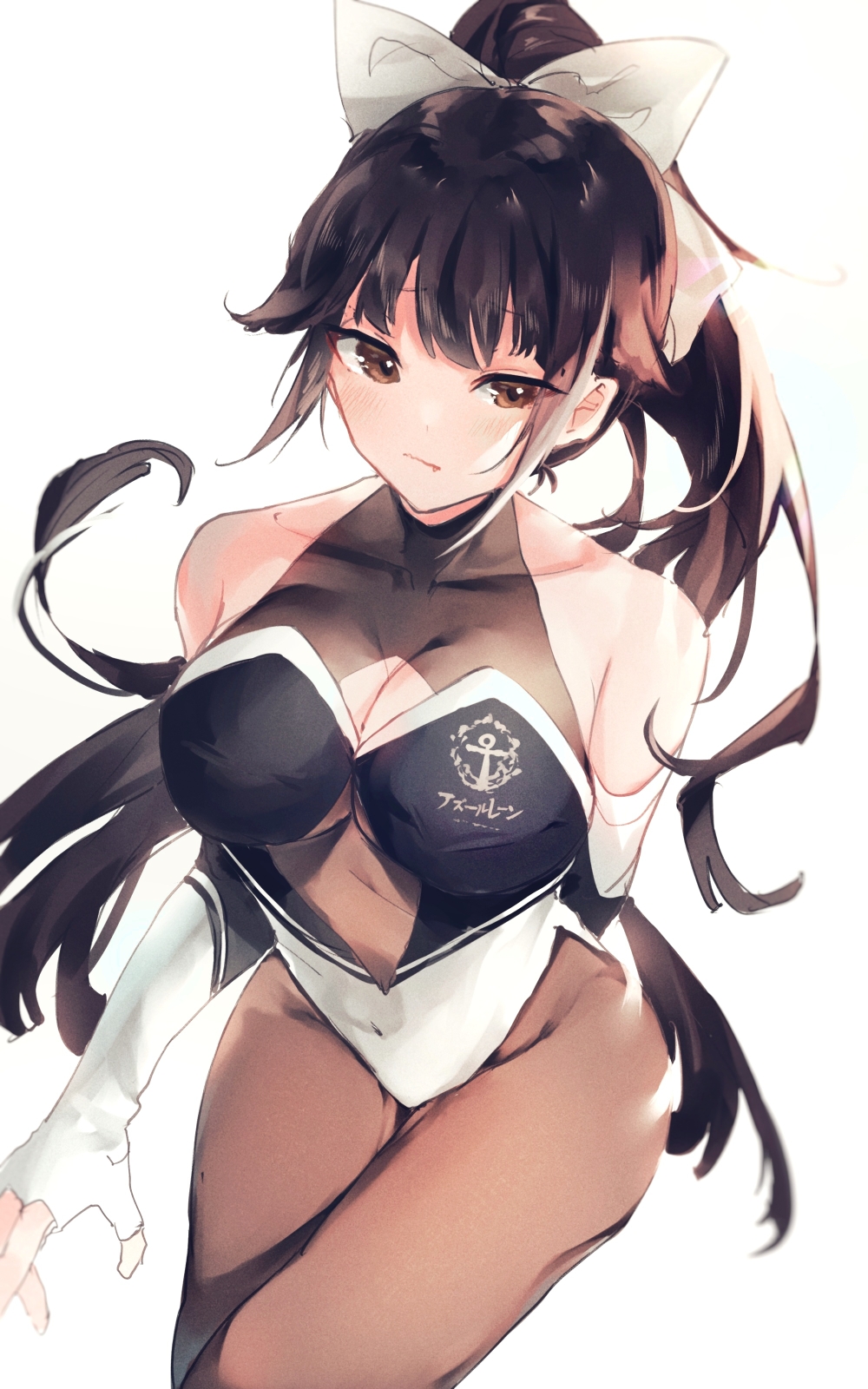 1girl azur_lane bare_shoulders black_bodysuit black_leotard bodysuit bow breasts cleavage_cutout elbow_gloves fingerless_gloves gloves highres impossible_clothes irohatomo large_breasts leotard long_hair multicolored_leotard pantyhose racequeen takao_(azur_lane) takao_(full_throttle_charmer)_(azur_lane) two-tone_leotard unitard very_long_hair white_bow white_leotard