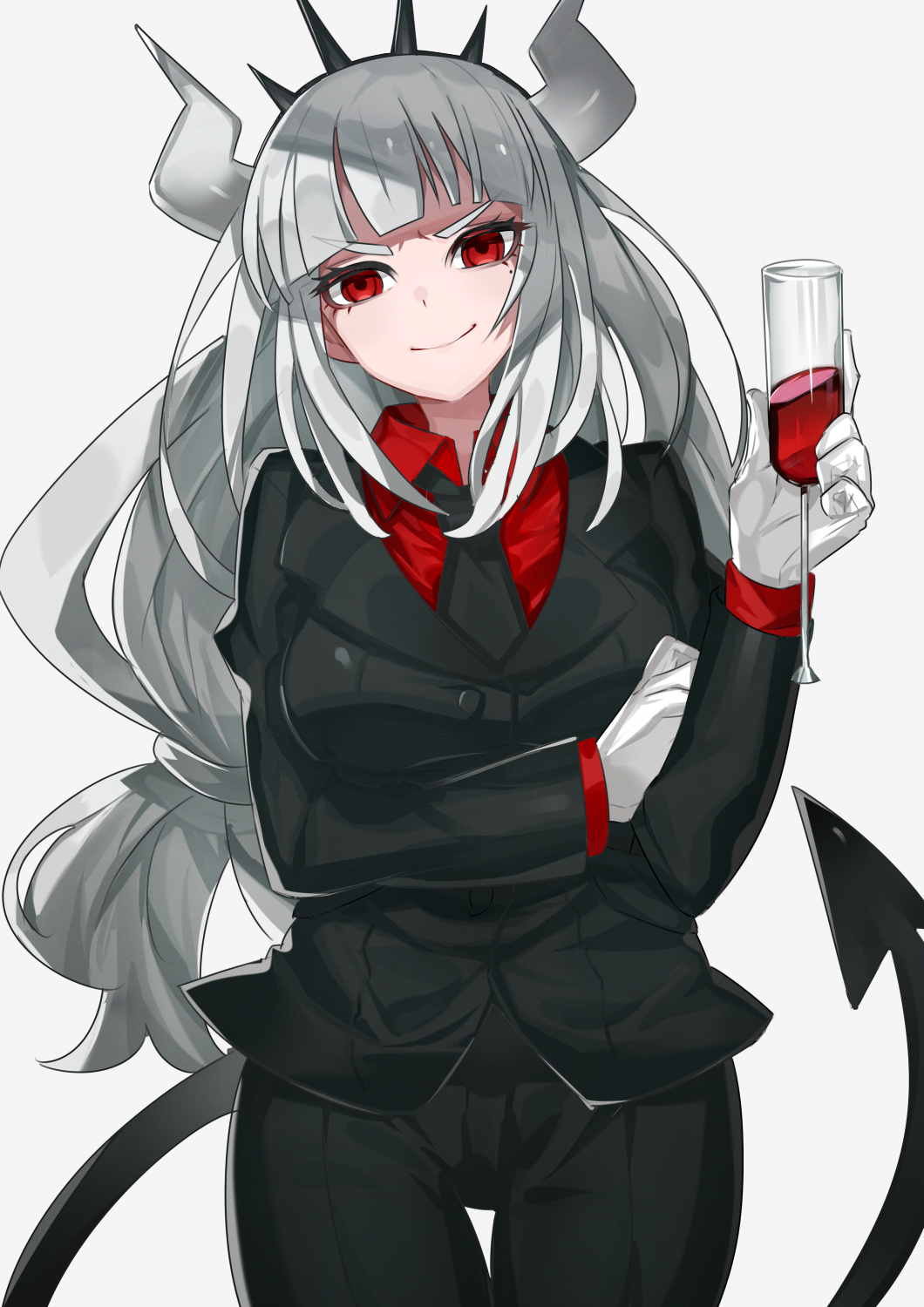 &gt;:) 1girl bangs black_pants blunt_bangs breasts closed_mouth commentary cup demon_girl demon_horns demon_tail drinking_glass formal gloves helltaker highres horns large_breasts long_hair long_sleeves looking_at_viewer low-tied_long_hair lucifer_(helltaker) mole mole_under_eye muraki_(owantogohan) necktie painttool_sai_(medium) pants red_eyes red_shirt shirt silver_hair simple_background smile solo tail very_long_hair white_background white_gloves white_hair white_horns wine_glass wing_collar