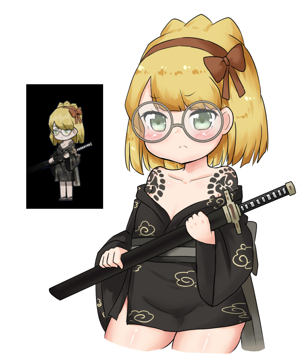 1girl bailingxiao_jiu bangs black_kimono blonde_hair blush bow brown_bow brown_hairband closed_mouth commentary_request cropped_legs eyebrows_visible_through_hair glasses green_eyes grey-framed_eyewear hair_bow hairband holding holding_sheath japanese_clothes katana kimono library_of_ruina lobotomy_corporation obi off_shoulder reference_work round_eyewear sash sheath sheathed short_kimono shoulder_tattoo simple_background solo sword tattoo weapon white_background